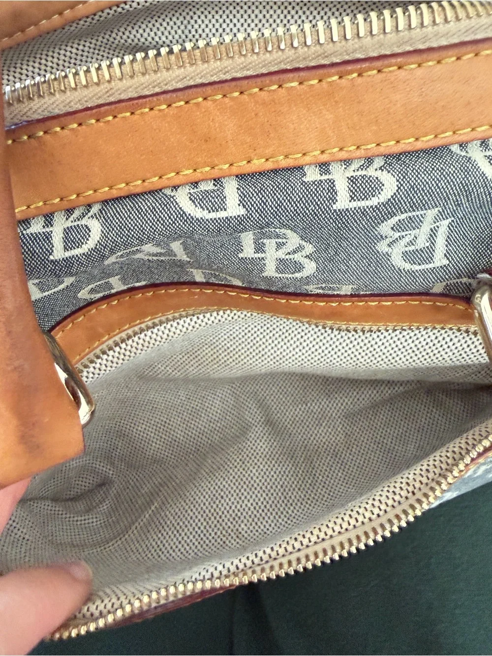 Vintage Dooney & Bourke Blue Monogram Canvas with Brown Leather Trim Satchel